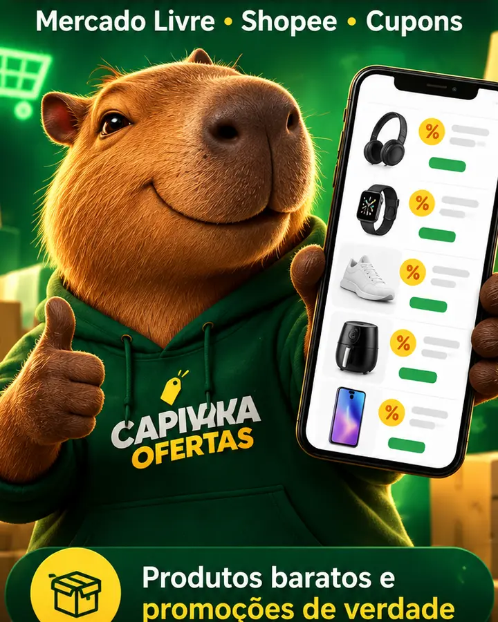 Mascote da Capivara Ofertas mostrando promoções no celular